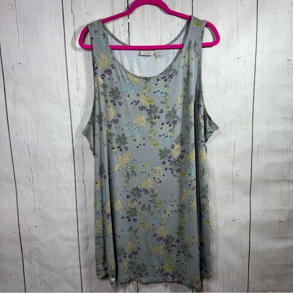 LOGO Lori Goldstein Gray Floral Tunic Tank Top 3X Boho Flowy Lightweight Stretch